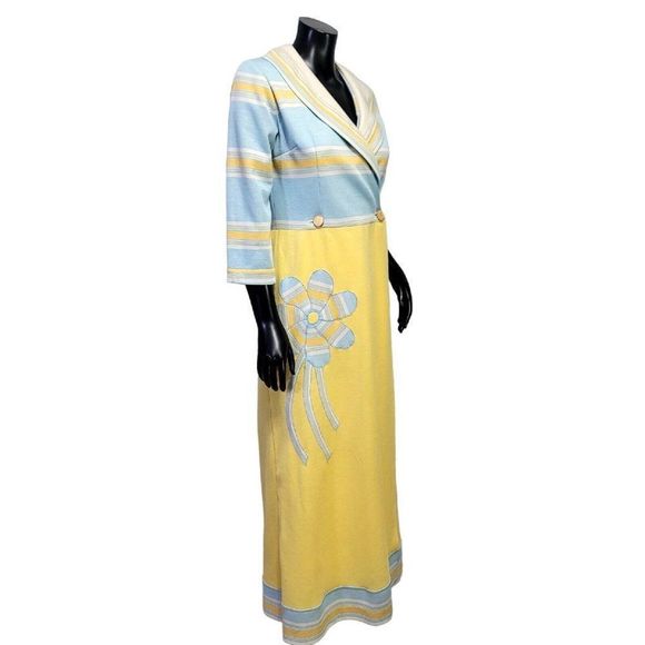 Vintage 60s 70s Womens M Knit Polyester Wrap Maxi Dress Hippie Flower Applique - Picture 6 of 14